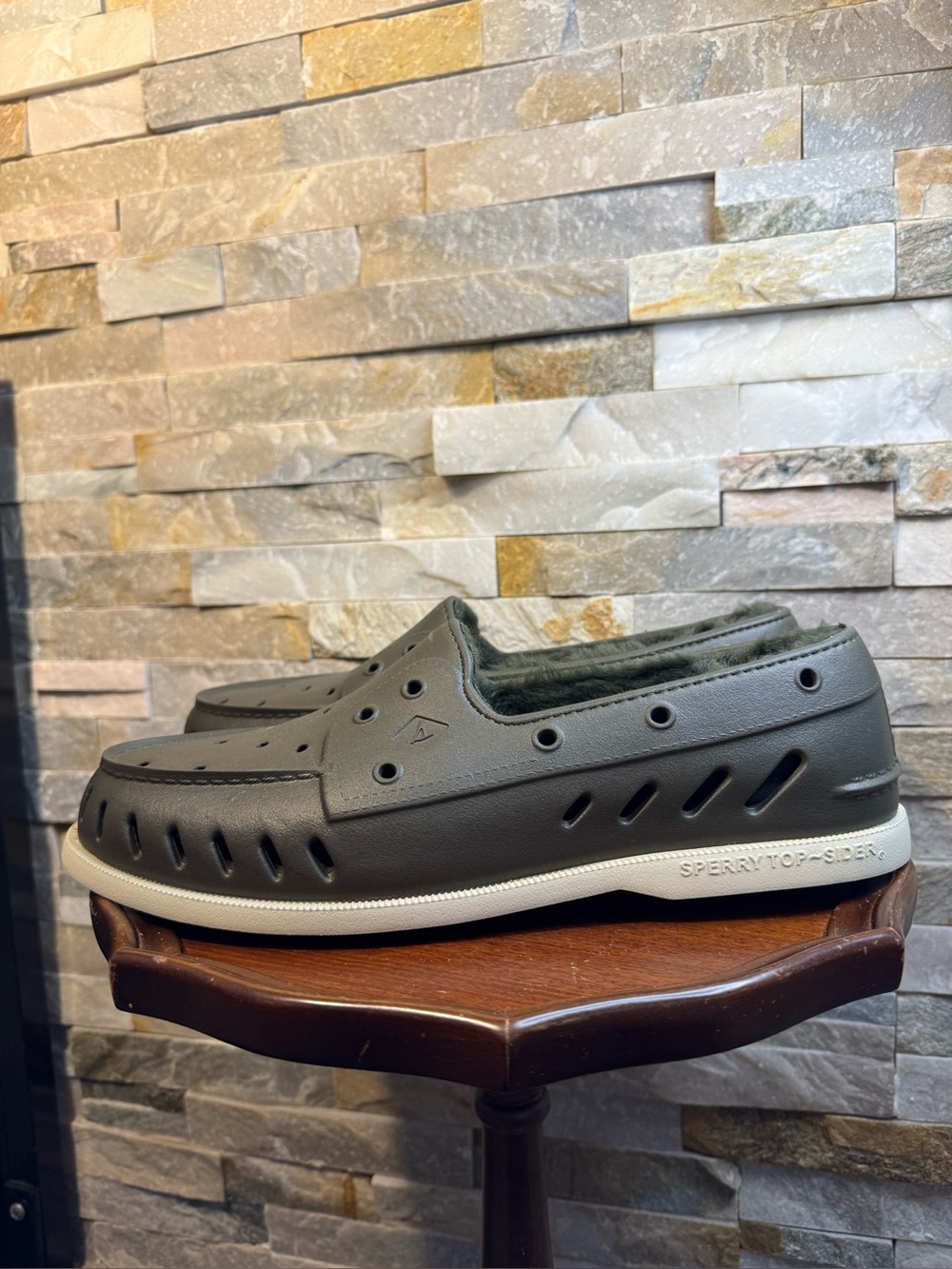 Sperry Men's Sz 12 A/O Float Cozy Boat Shoes Olive Green Faux Fur Lining NWOT